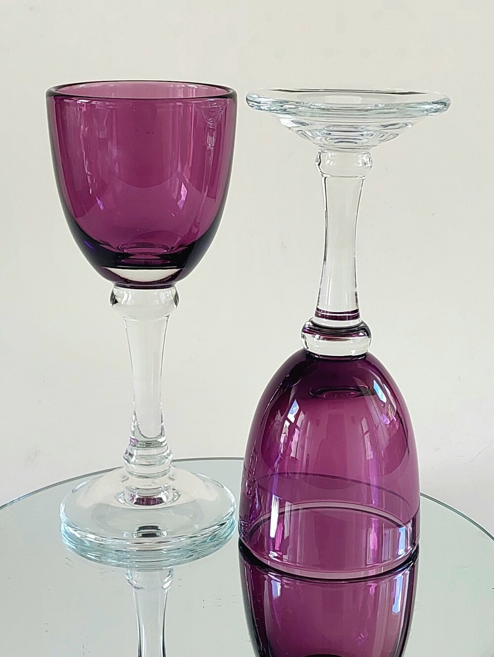 Vtg Amethyst Purple Bowl Water Goblets Clear Stem Glasses - Set of 2